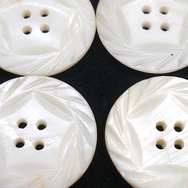 4 antique carved shell BUTTONs,  1".  Mother of pearl.