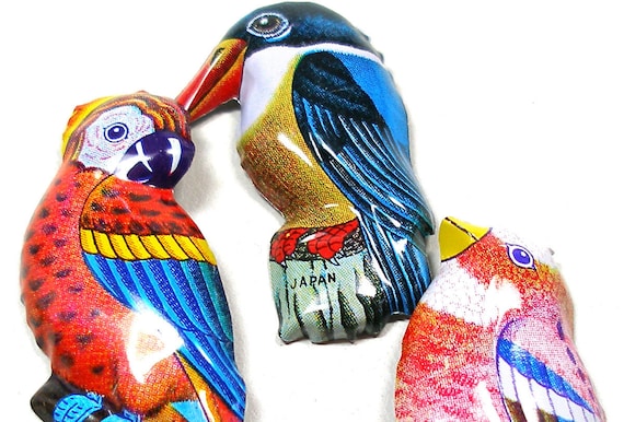 60s Tin Toy BIRD brooches, 3 Japanese metal parrot toy costume jewelry, Parrot, kingfisher.
