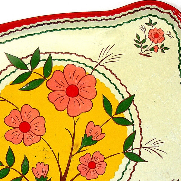 50's Tin Toy Tea Tray with Pink & Red flowers by Ohio Art.