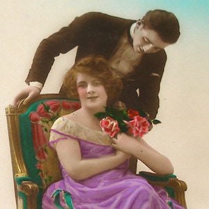 1920s romantic couple French postcard, RPPC. Real photo, paper ephemera. Carte Postale. Vintage collectible. Fashion glamour.