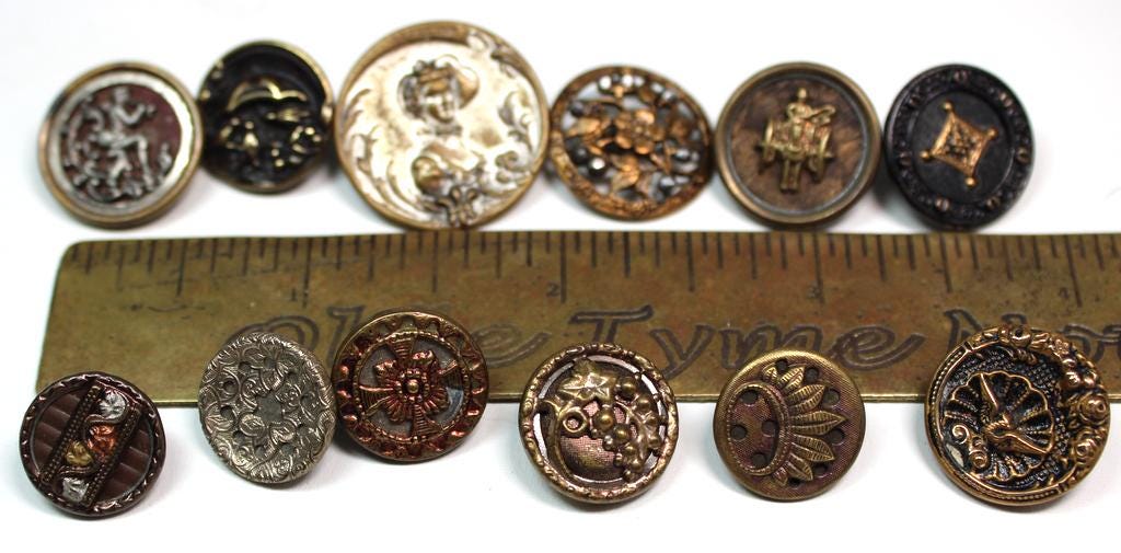 12 Antique BUTTONS. 1800s Victorian & Vintage Metal Picture Buttons ...