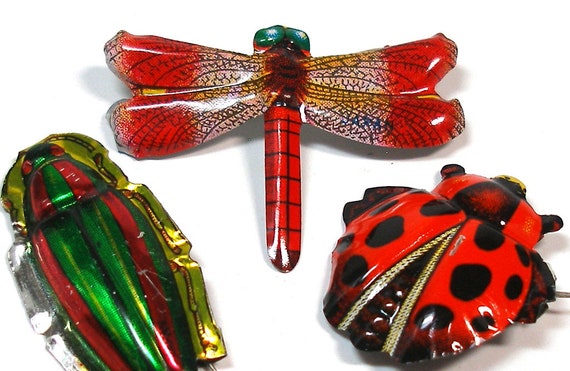 60s Tin Toy BUG brooches, 3 metal insect toy costume jewelry made in Japan.