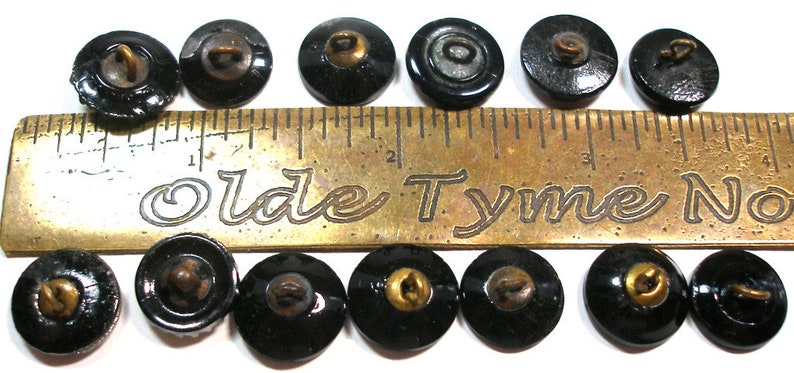 13 Victorian black glass buttons. Antique 19th century glass with silver luster. Set J image 3