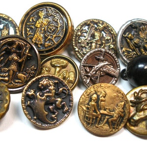 Antique BUTTONS, 12 Victorian & vintage mixed lot of metal picture buttons. 19th century