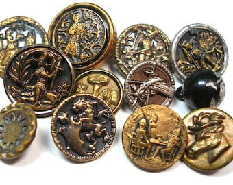 Antique BUTTONS, 12 Victorian & vintage mixed lot of metal picture buttons. 19th century