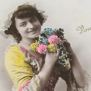 1900s French Postcard, Edwardian lady with flowers. Antique RPPC real photo postcard, paper ephemera. Carte Postale. Vintage glamour fashion