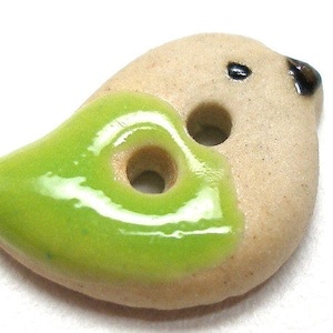 Mini BIRD Button, Handmade ceramic songbird in apple green, 1/2&quot;.