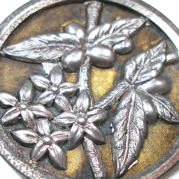 SALE 1800s antique button. Victorian bamboo & flowers in silver and gold colors. 1 1/2".