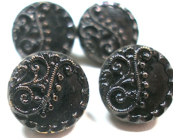 Art Nouveau Antique metal BUTTONS. 4  Edwardian scrolls in black.  Unused.