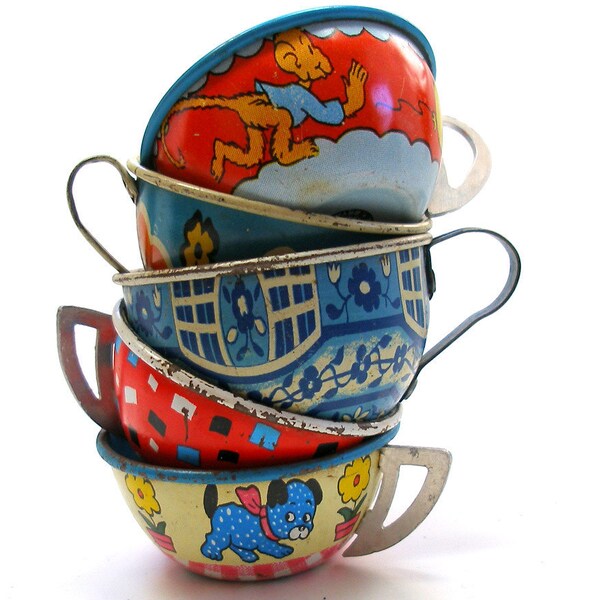 1940s Toy Tea cups, Set of 5 vintage tin with animal litho in red & blue, Instant Collection of Ohio Art.