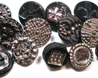 13 Victorian black glass buttons. Antique 19th century glass with silver luster. Set L. Smalls