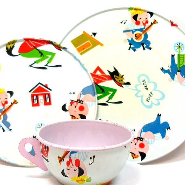 60's Storybook Tin Toy Tea set with three Little Pigs.