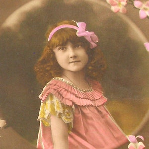 Antique French postcard. Edwardian Girl with flowers. RPPC real photo postcard, Vintage glamour fashion  carte postale
