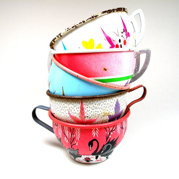 50 s tin Toy Tea cups, cygnes, papillons et fleurs en rose bleu blanc sur métal 5.