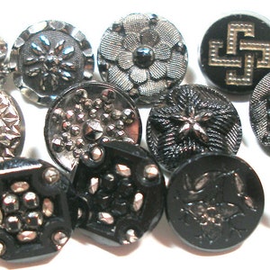13 Victorian black glass buttons. Antique 19th century glass with silver luster. Set J image 4