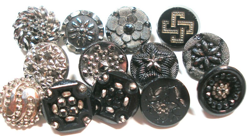 13 Victorian black glass buttons. Antique 19th century glass with silver luster. Set J image 4