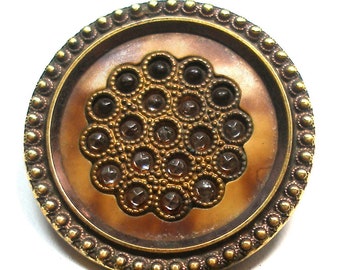 1800s Antique Victorian Button. Faux tortoise Celluloid background with glass. 1 3/16".