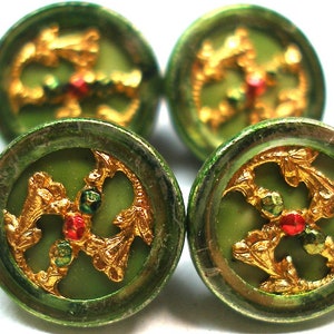 Art Nouveau antieke metalen KNOPEN. 4 Edwardiaanse bloemen met groene tint.  Ongebruikt. Bijna nieuwstaat.