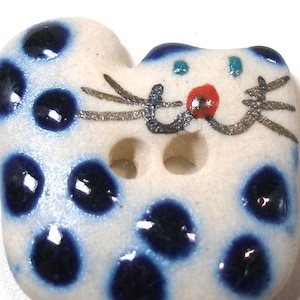 Happy CAT Button. Handmade ceramic blue polka dot kitty, 7/8&quot;