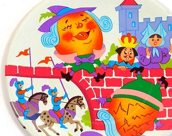 SALE 60's Tin Toy Tea plate, Humpty Dumpty storybook graphics. Larger size.