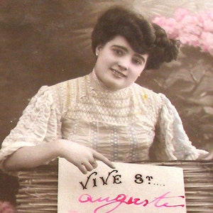 SALE Antique French Postcard, Victorian lady with sign, RPPC real photo. Carte Postale. Vintage glamour fashion