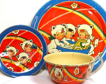 30s Tin Toy Tea Setting, Girls as Kittens story. 3 pieces, cup, plate, saucer by Ohio Art.
