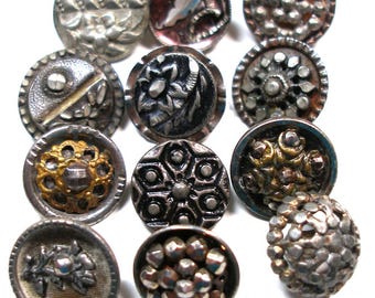 Antique BUTTONS, 12 Victorian & vintage mixed lot of cut steel, faux steel, pressed pewter. 19th century