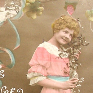 1910s antique French postcard. Lady with mistletoe. RPPC real photo, paper ephemera. Carte Postale. Vintage glamour fashion
