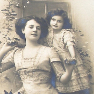 1900s postcard, Mother & daughter.  RPPC, real photo postcard, paper ephemera. Carte Postale. Vintage collectible.