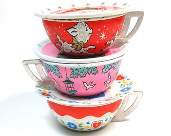 50s Tin Toy Tea Cups & Saucers. Birds, flowers and snowflakes. Instant Collection.  Set of 6.