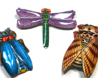 3 BUG brooches, 60s metal insect toy costume jewelry, made in Japan.