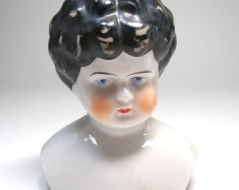 LG 4" 1800s Antique china doll head. German Lo Brow hair with blue eyes, white porcelain.  Doll H