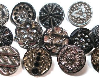 13 Victorian black glass buttons. Antique 19th century glass with silver & gold luster. Set W