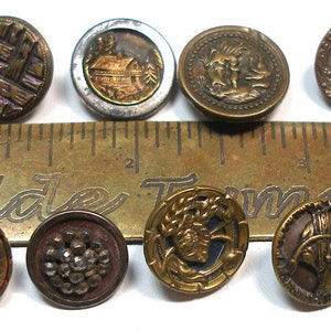 12 Antique BUTTONS. 1800s Victorian & vintage mixed lot of metal picture buttons. 19th century image 3