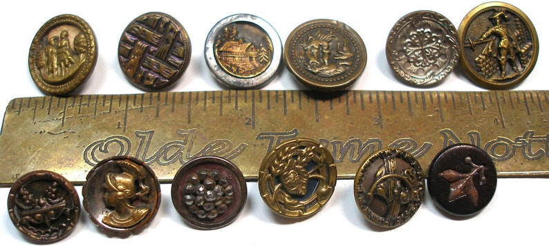 12 Antique BUTTONS. 1800s Victorian & vintage mixed lot of metal picture buttons. 19th century image 3