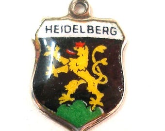 Vintage Heidelberg enamel & silver travel shield charm. 800. Germany.