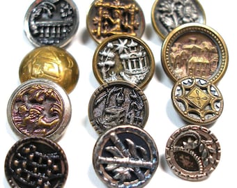 Antique BUTTONS, 12 Victorian & vintage shabby chic picture buttons. 19th century buttons.
