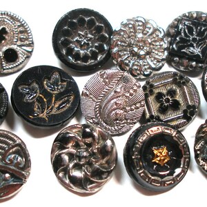 13 Victorian black glass buttons. Antique 19th century glass with silver luster. Set K image 4