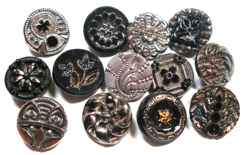 13 Victorian black glass buttons. Antique 19th century glass with silver luster. Set K image 4