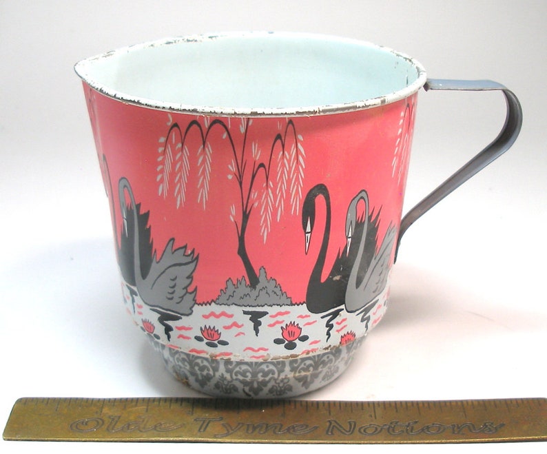 50s Tin Toy tea pieces. Swan & Pagoda graphics on cream, sugar and tea pot. image 6
