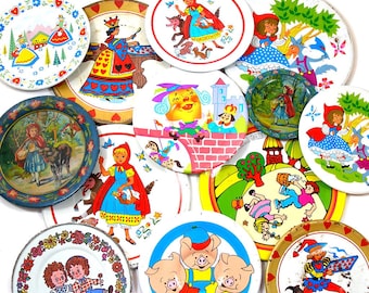 13 Tin Toy tea saucers. Storybook, fairy tales. Instant Collection. Ohio Art Co. Vintage Decor.
