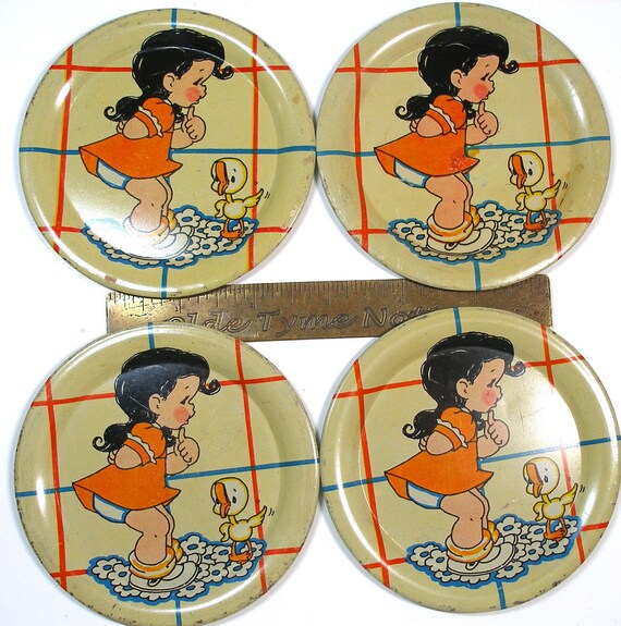 1940's Tin Toy Tea Set, Ducky Bath Time. Litho by Ohio Art Co. 21