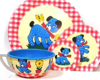 50's Tin Toy Tea Setting, Polka Dot Puppy. Ohio Art Co.  4 piece setting.  Vintage collectible.