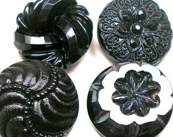 Vintage Czech Glass Buttons. Black glass. Set of 4 different.  7/8"