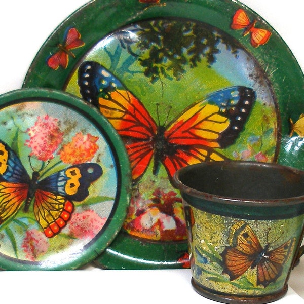 Scarce 1930s Tin Toy Tea Setting. Butterflies by Ohio Art Co. 3 pieces.