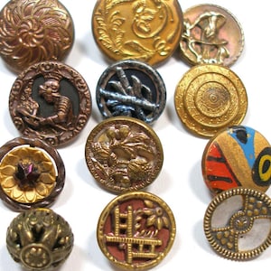 12 Antique BUTTONS. Victorian & vintage metal picture buttons. 19th century