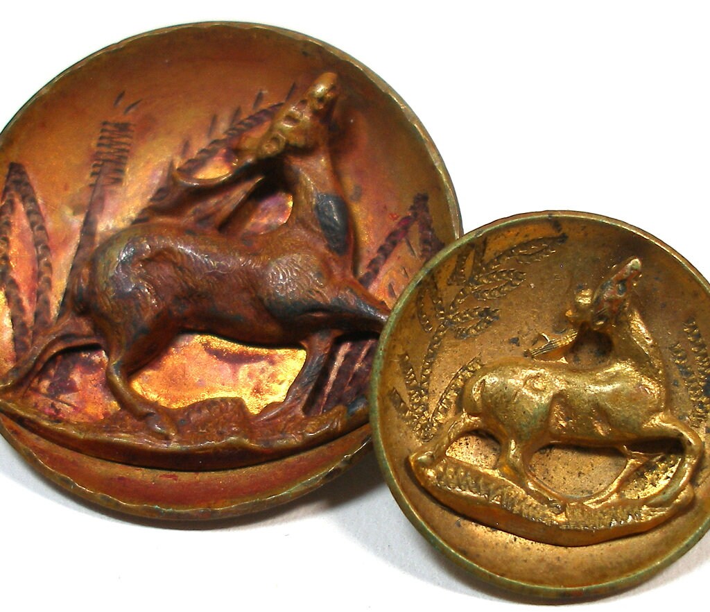 2 Antique Victorian Buttons with deer. 1 1/16", 3/4". Mother daughter. Matching designs.
