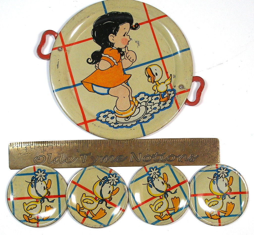 1940's Tin Toy Tea Set, Ducky Bath Time. Litho by Ohio Art Co. 21