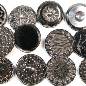 12 large Victorian black glass buttons. Antique 19th century glass with silver luster. Set U