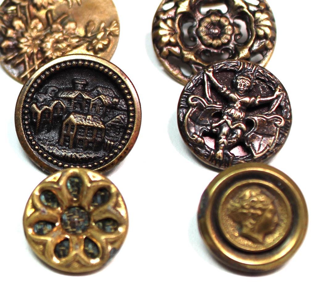 12 Antique BUTTONS. 1800s Victorian & Vintage Metal Picture Buttons ...